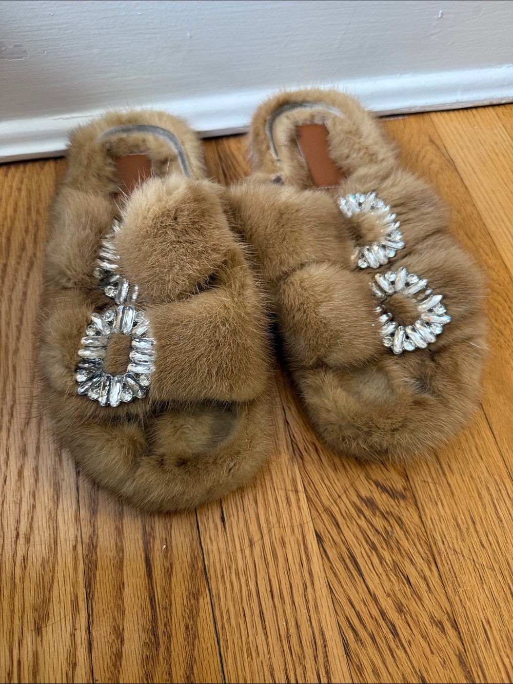 Mink Fur Slide Slippers with Crystal Embellishment - Tan